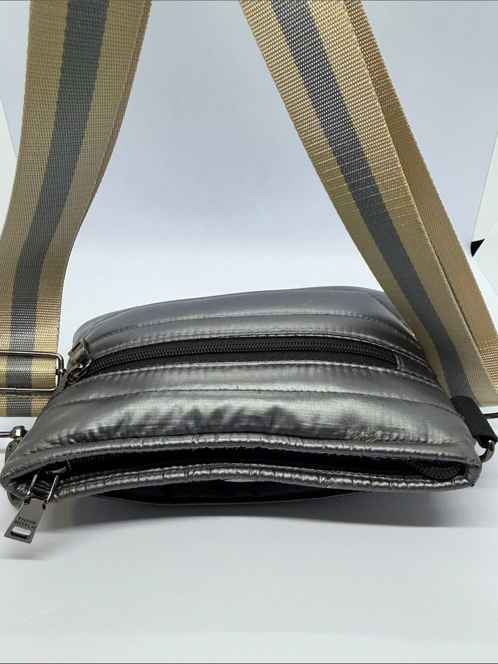 THINK ROYLN Gray Quilted Messenger Bag with Striped Tan Strap